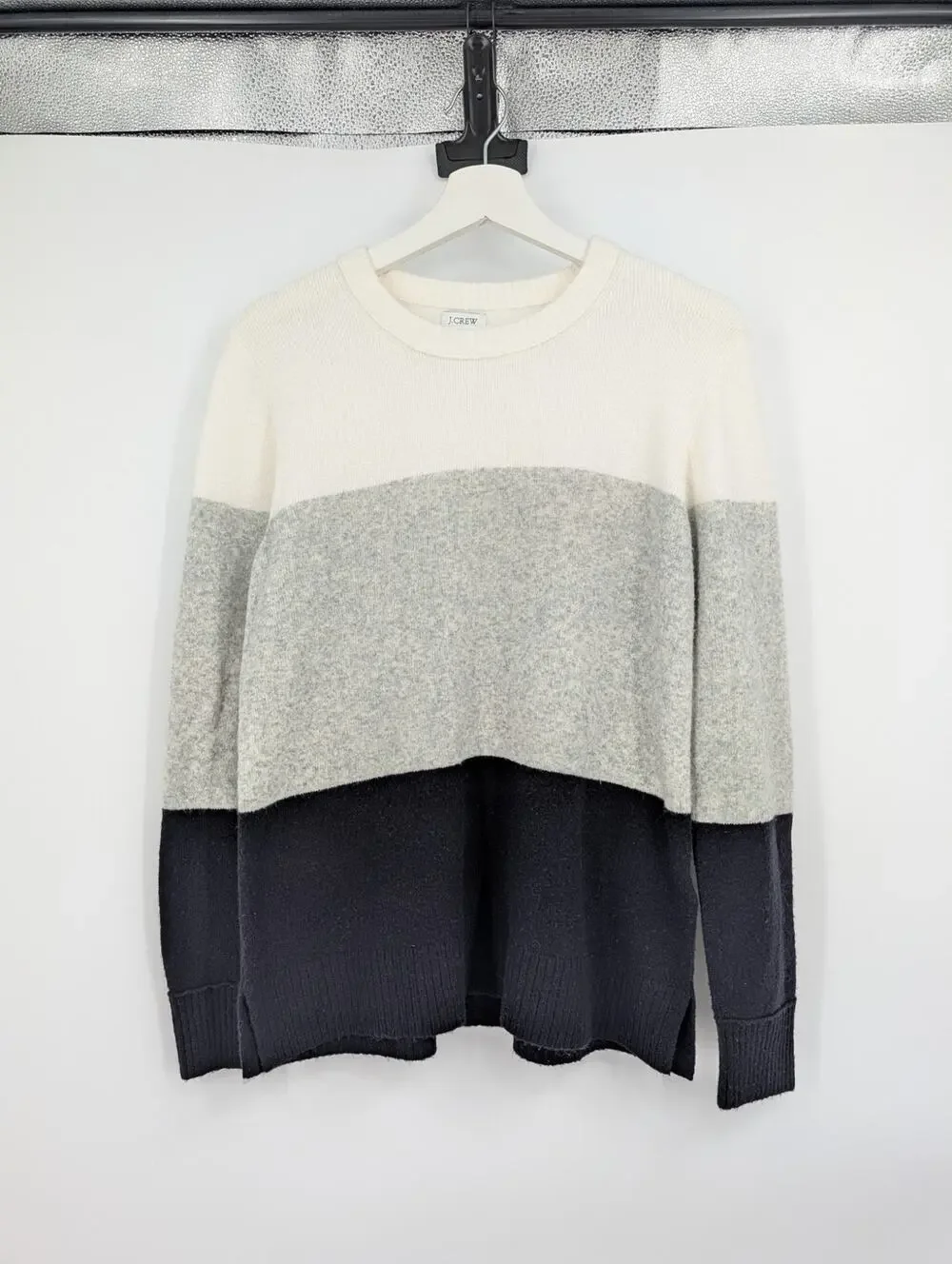 J Crew Medium Wool Blend Color Block Black Gray Cream Crew Sweater Preppy Warm